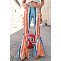 Multicolor Striped Raw Hem Flared Bottom Denim Pants - 6 US thumbnail