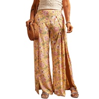 Yellow Floral Print High Slit Wide Leg Pants - L thumbnail