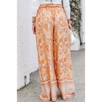 Grapefruit Orange Tie Waist Boho Floral Wide Leg Pants - L thumbnail
