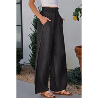 Black Side Pockets Frilled Smocked High Waist Wide Leg Jeans - M thumbnail
