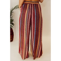 Red Boho Ethnic Striped Print Tie Waist Wide Leg Pants - S thumbnail