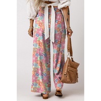 Pink Floral Smocked Waist Loose Pants - L thumbnail