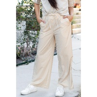 Khaki Stripe Print Wide Leg Drawstring Pants - XL thumbnail