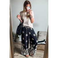 Black Bohemian Printed Drawstring Waist Wide Leg Pants - M thumbnail