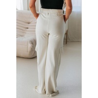 Beige Plain Cargo Pockets High Waist Casual Sweatpants - L thumbnail