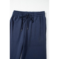 Navy Blue Solid Color Fleece Lined Drawstring Waist Casual Pants - M thumbnail