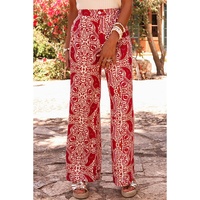 Red Paisley Printed Buttoned High Waist Straight Leg Pants - L thumbnail