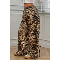 Brown Leopard Print Bow Tie Drawstring Elastic Waist Loose High Waist Pants - L thumbnail