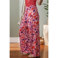 Purple Floral Wide Leg Elastic High Waist Pants - L thumbnail