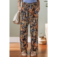 Multicolour Floral Shirred High Waist Wide Leg Pants with Tie - L thumbnail