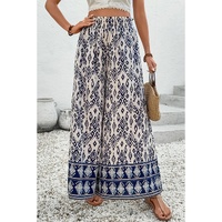 Blue Boho Pattern Print High Waist Wide Leg Loose Pants - L thumbnail