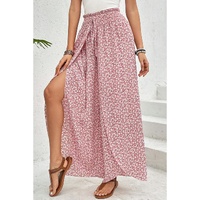 Pink Bohemian Print Slit Wide Leg Smocked High Waist Pants - L thumbnail