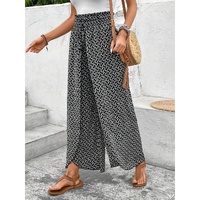Black Bohemian Print Slit Wide Leg Smocked High Waist Pants - L thumbnail