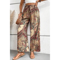 Khaki Paisley Print Boho Elastic Waist Wide Leg Pants - L thumbnail