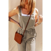 Sage Green Drawstring Buttoned Straps Cropped Overall - L thumbnail