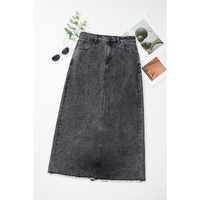 Dark Grey Denim Raw Hem Back Split High Waist Long Skirt - L thumbnail