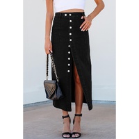 Black Button Fly Side Split High Waist Denim Midi Skirt - XL thumbnail