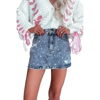 Dusk Blue Rhinestone Distressed Denim High Waist Mini Skirt - L thumbnail