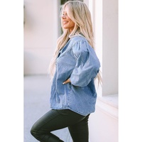 Azura Exchange V-shape Stitching Puff Sleeve Denim Shirt - M thumbnail