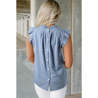 Beau Blue Frilly Pleated Button Back Retro Chambray Top - L thumbnail
