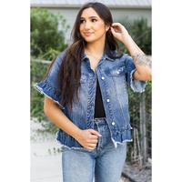 Peacock Blue Raw Edge Ruffled Short Sleeve Denim Jacket - S thumbnail