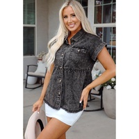 Black Short Sleeve Flap Pocket Button Up Raw Hem Denim Shirt - XL thumbnail