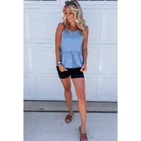 Sky Blue Casual Ruffled Spaghetti Straps Denim Tank Top - XL thumbnail