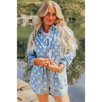 Sky Blue Star Print Light Wash Raw Hem Denim Jacket - L thumbnail