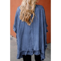 Dusk Blue Chambray Ruffle Hem Half Sleeve Open Loose Kimono - M thumbnail