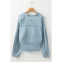Beau Blue Light Wash Exposed Stitching Raw Hem V Neck Denim Top - L thumbnail