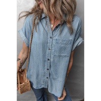Dusk Blue Folded Short Sleeve Patched Pocket Denim Shirt - M thumbnail