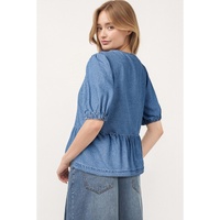 Dusk Blue Tied Front Bubble Sleeve Peplum Denim Shirt - M thumbnail
