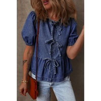 Sail Blue Tied Front Bubble Sleeve Peplum Denim Shirt - M thumbnail