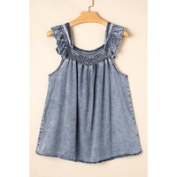 Ashleigh Blue Ruffled Shirred Neckline Sleeveless Denim Tank Top - XL thumbnail