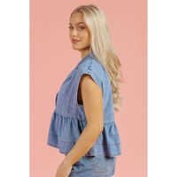 Dusk Blue Lapel Denim Babydoll Top - S thumbnail
