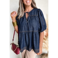 Sail Blue Puff Sleeve Lace-up Neckline Splicing Denim Blouse - XL thumbnail