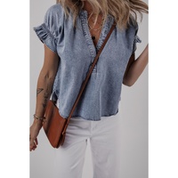 Dusk Blue V Neck Ruffled Short Puff Sleeve Denim Top - S thumbnail