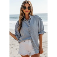 Beau Blue Ruffle Short Puff Sleeve Summer Chambray Shirt - M thumbnail