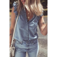 Beau Blue Frilly Ruffle Trim V Neck Chambray Tank Top - XL thumbnail