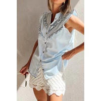 Beau Blue Mineral Wash Cap Sleeve Frilled Button Up Denim Shirt - XL thumbnail