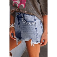 Beau Blue Pearl Studded Pockets Raw Hem Denim Shorts - 8 US thumbnail