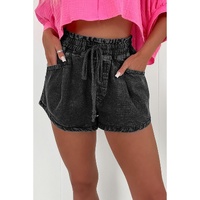 Black Drawstring High Waist Casual Denim Shorts with Pockets - 10 US thumbnail