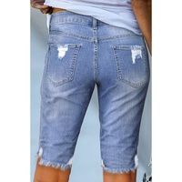 Sky Blue Ripped Tassel Bermuda Denim Shorts - M thumbnail
