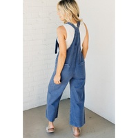 Prussian Blue Mineral Wash Knotted Strap Patched Pocket Wide Leg Denim Overalls - L thumbnail