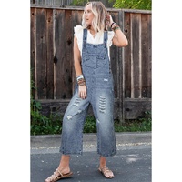 Azura Exchange Stone Blue Distressed Bib Pocket Wide Leg Denim Overall - S thumbnail