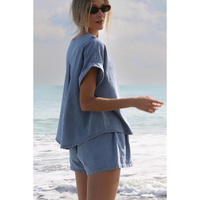 Light Blue Denim Cuffed Sleeve Tee Elastic Shorts Set - XL thumbnail