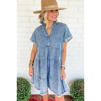 Sky Blue Acid Wash V Neck Tiered Denim Dress - M thumbnail