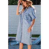 Light Blue Loose Medium Wash Short Sleeve Shirt Chambray Dress - S thumbnail