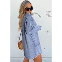 Beau Blue Mineral Wash Long Sleeve Button Up Raw Hem Pocketed Denim Dress - XL thumbnail