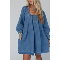 Dusk Blue Square Neck Side Pockets Loose Fit Denim Mini Dress - M thumbnail